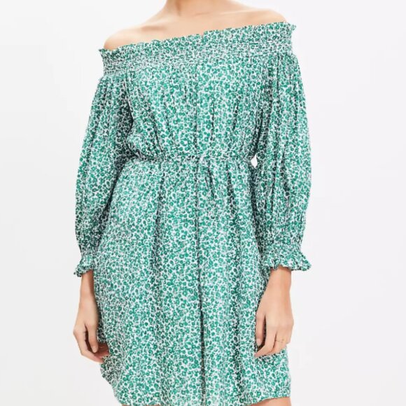 LOFT Brand Petite Floral Smocked Off the Shoulder Mini Dress, S Petite NWT - Picture 2 of 3